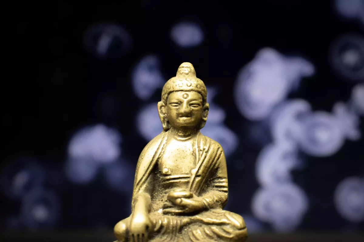 Smiling monk in sitting position with folded legs