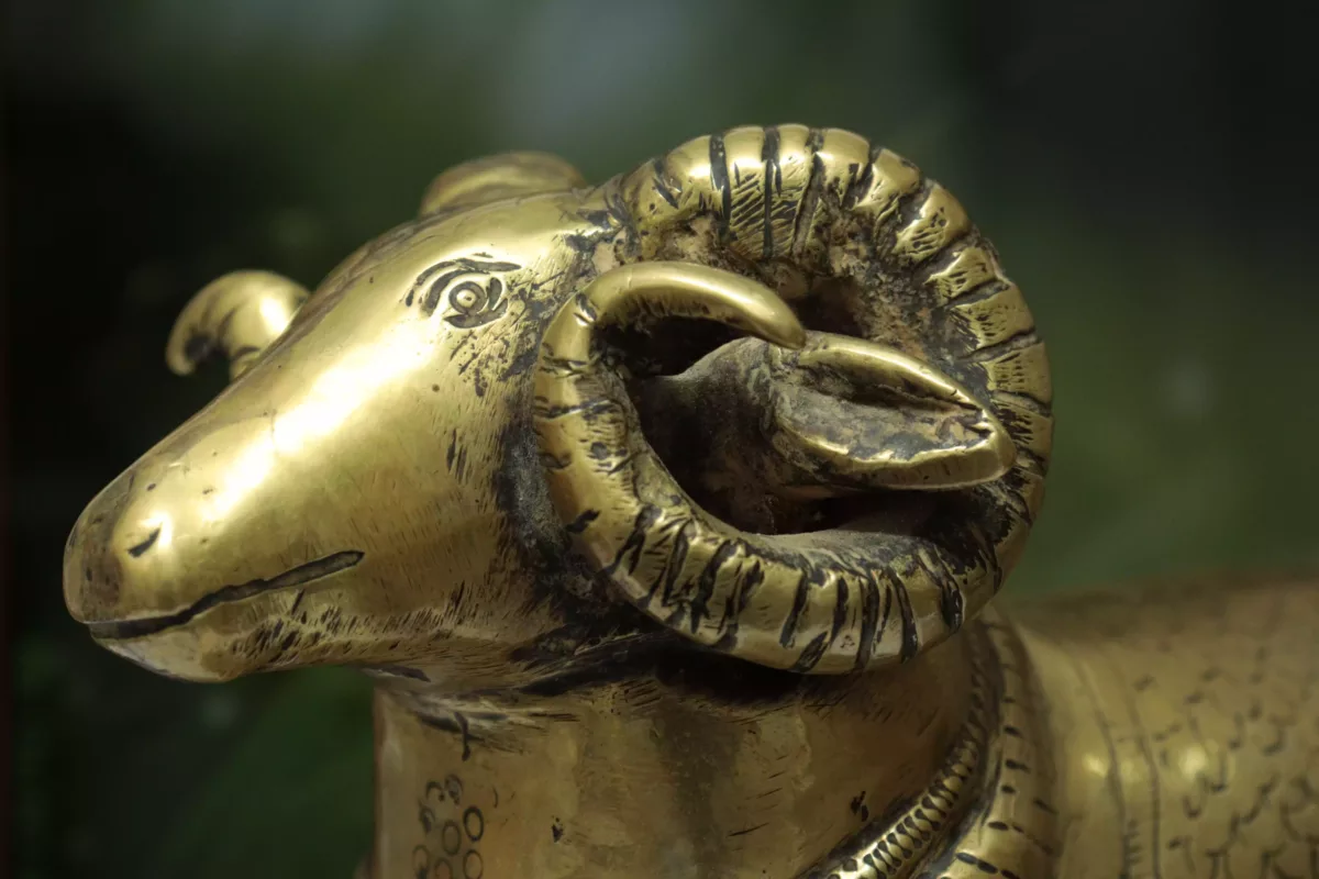 A bronze sculpture of a ram with big rounded around the ear horns