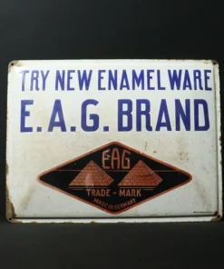 e.a.g brand enamelware advertising signboard front view