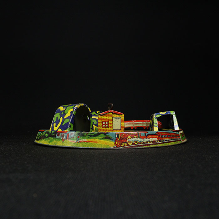 happy express tin toy train back side view