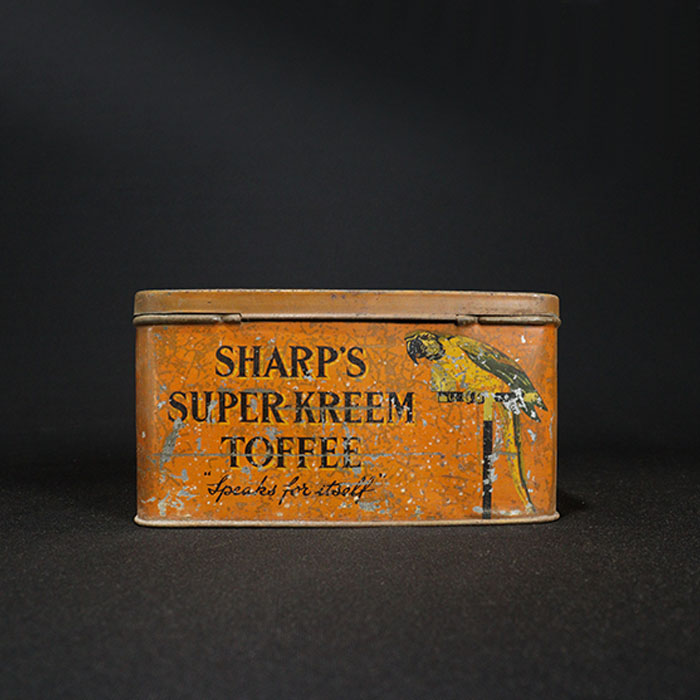 sharps super kreem toffee advertising tin box back side view
