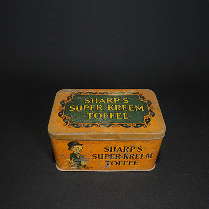 sharps super kreem toffee advertising tin box front and front side view
