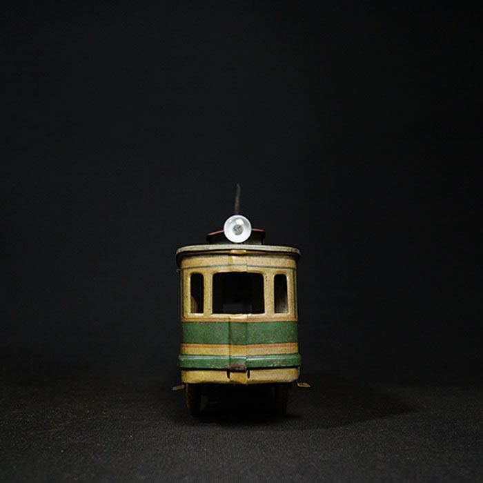 vintage tin toy tram train front view