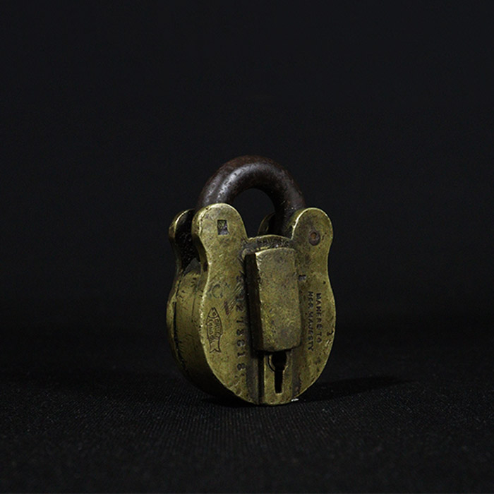 english patented padlock bronze collectible half side view
