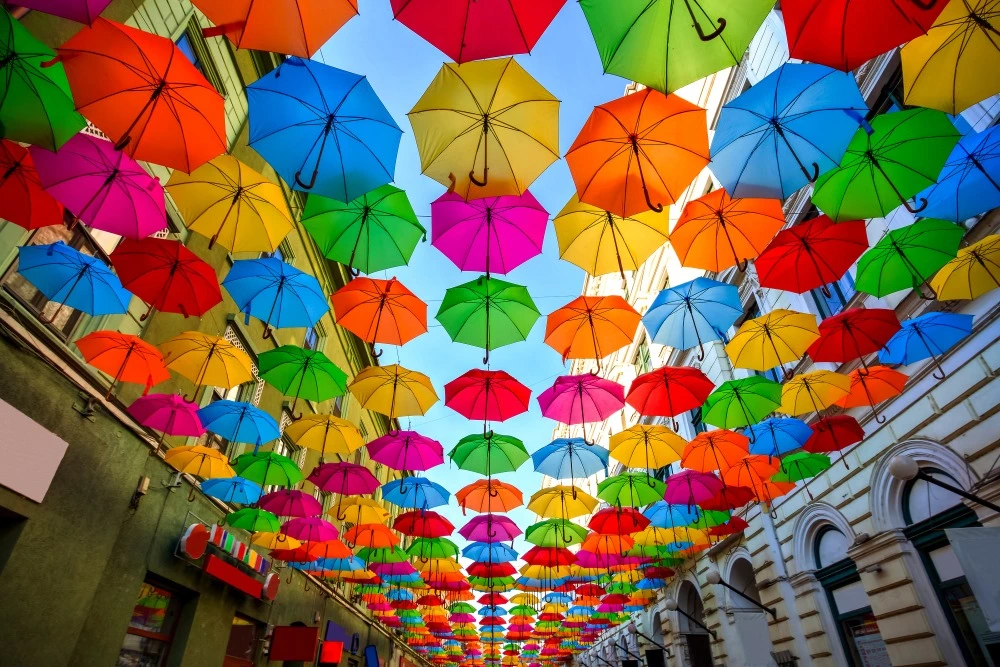 hanging umbrellas of different colors